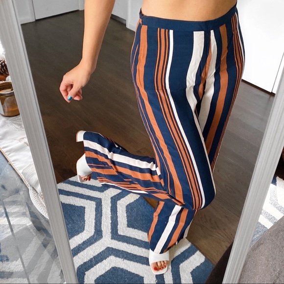 🍂 TOPSHOP DARK BLUE BURNT ORANGE WIDE LEG HIGH WAIST STRIPE PANTS! - Picture 5 of 12
